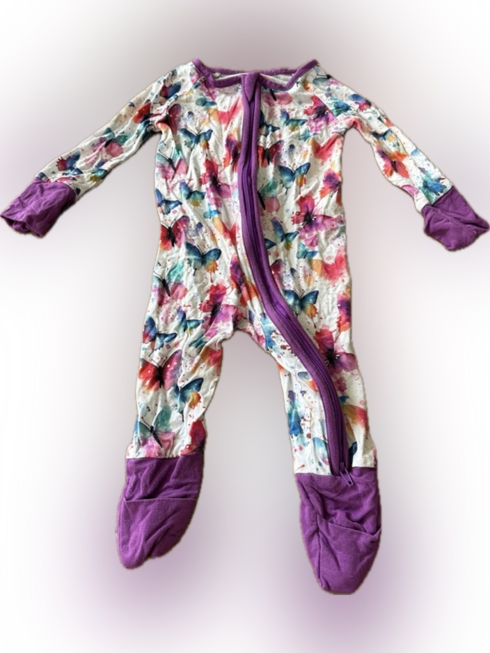 Butterfly Print Footed One-Piece with Purple Trim - Kids